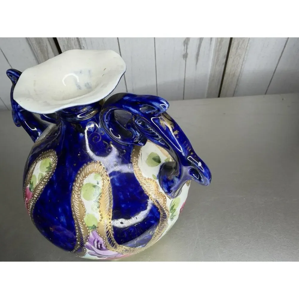 Antique Nippon Hand Paint Cobalt Blue Gold Rose Porcelain Handled Vase Urn